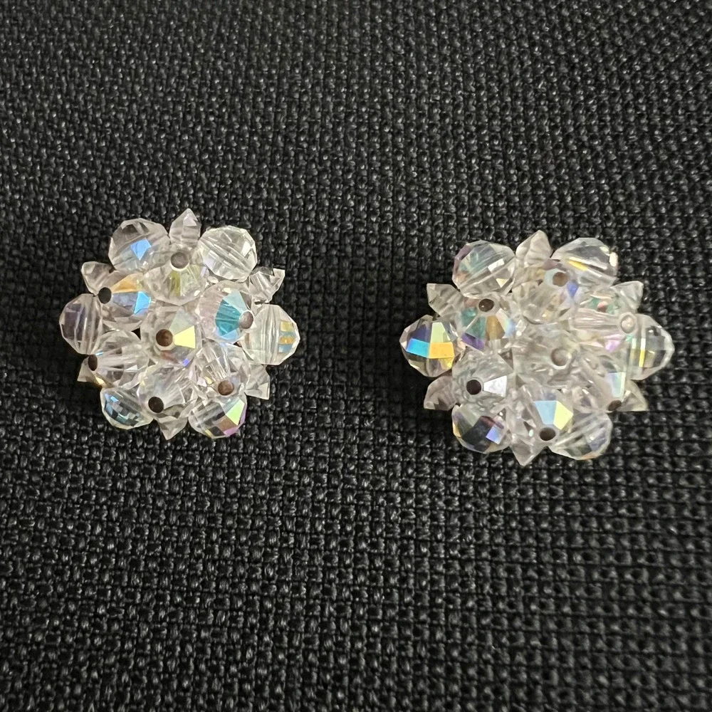 Laguna Vintage AB Crystal Bead Cluster Clip On Earrings 1 Inch Cottagecore